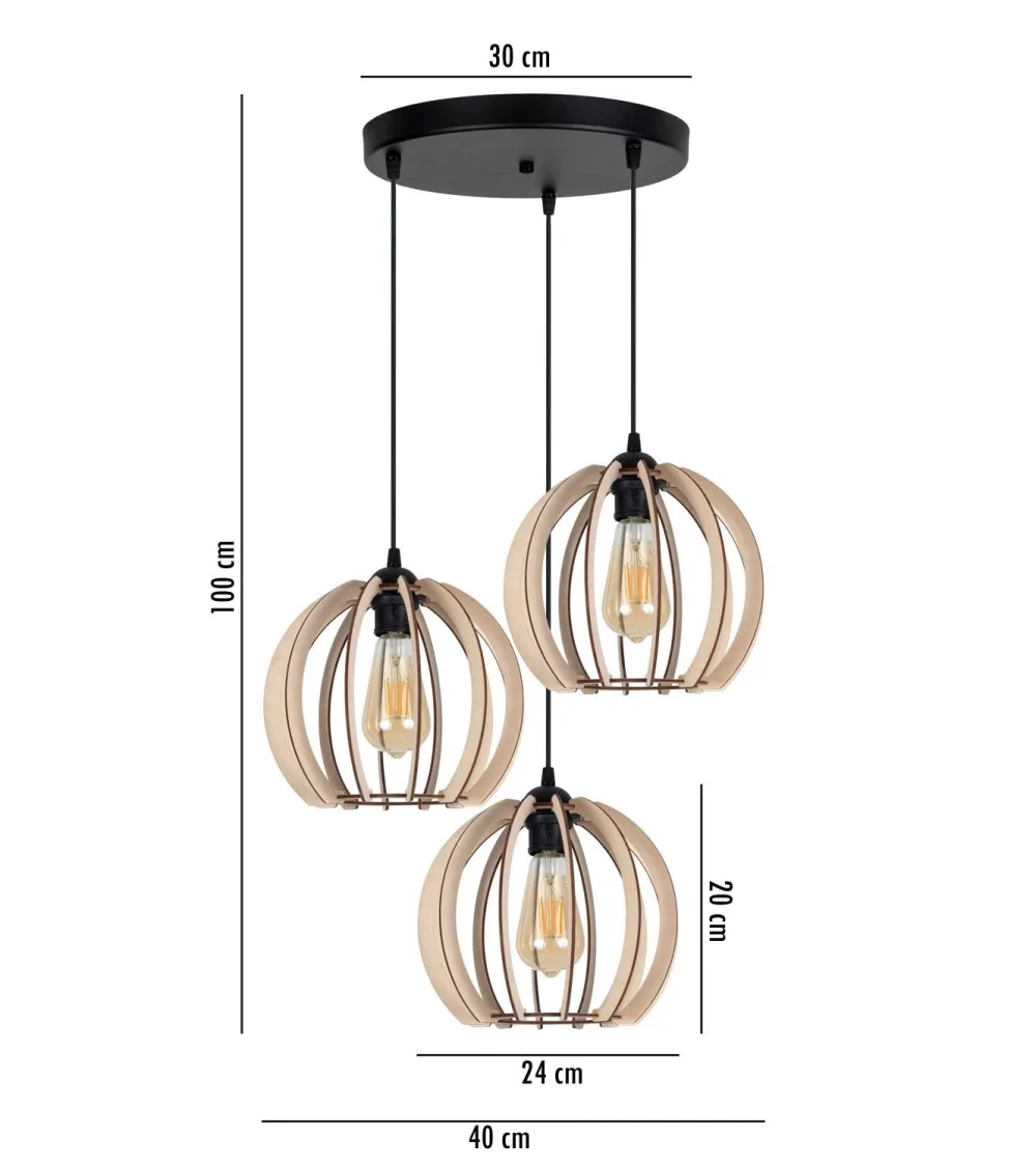 Online Belis Schwarze Pendelleuchte Holz Metall 3-flmg E27 L:40 cm