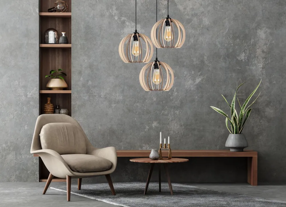 Online Belis Schwarze Pendelleuchte Holz Metall 3-flmg E27 L:40 cm