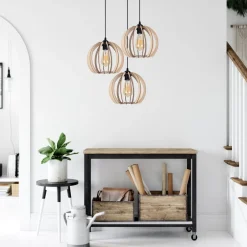 Online Belis Schwarze Pendelleuchte Holz Metall 3-flmg E27 L:40 cm