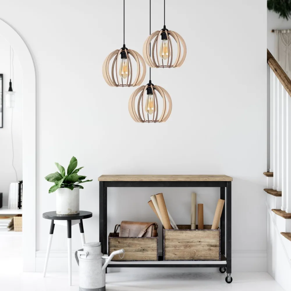 Online Belis Schwarze Pendelleuchte Holz Metall 3-flmg E27 L:40 cm