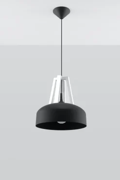 Clearance Sollux Schwarze Pendelleuchte Metall Holz rund Ø30cm Retro