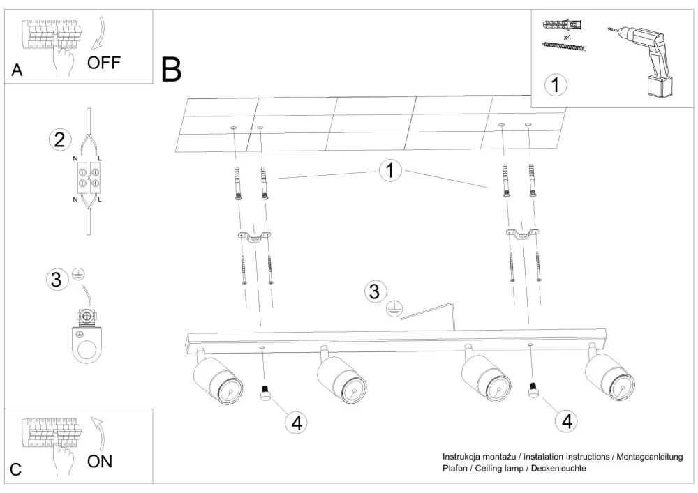 Sale Sollux Spot Strahler 4-flammig 81 cm länglich Schwarz Gold GU10