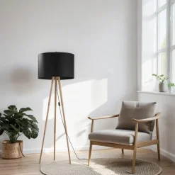 Best TK Lighting Stehlampe 146 cm Holz Stoff in Natur Schwarz Dreibein