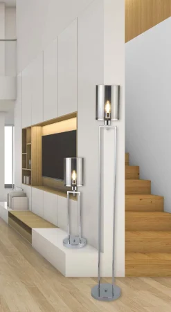 Discount Searchlight Stehlampe klein 144 cm Rauchglas Metall Grau Chrom Wohnzimmer