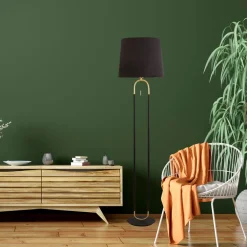 Searchlight Stehleuchte Stoff Metall 161 cm E27 in Schwarz Messing* Wohnzimmerlampen|Stofflampen