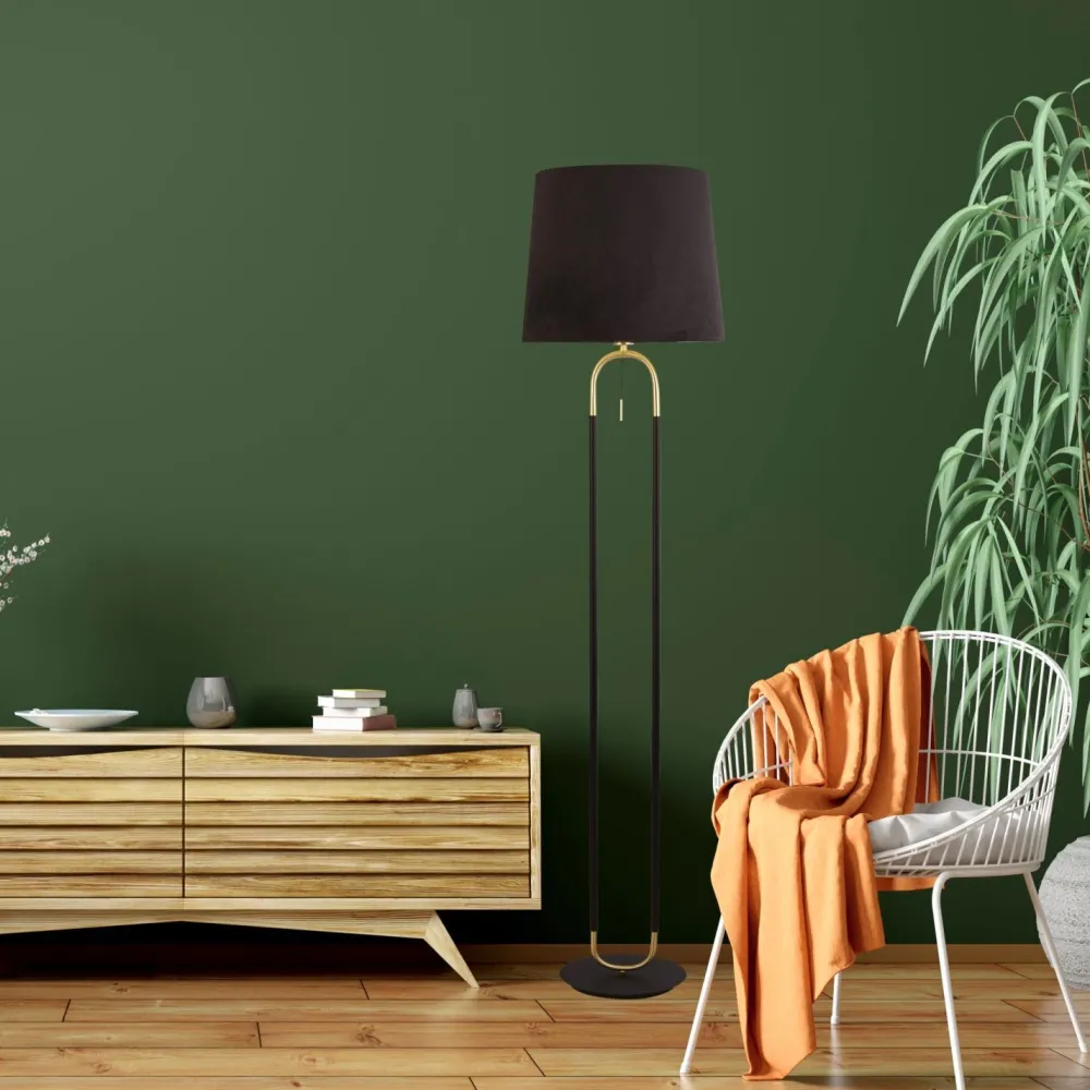 Searchlight Stehleuchte Stoff Metall 161 cm E27 in Schwarz Messing* Wohnzimmerlampen|Stofflampen