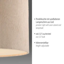 Just Light Stoff Hängelampe blendarm Beige E27 Ø45 cm gemütlich* Hängelampen|Bürolampen