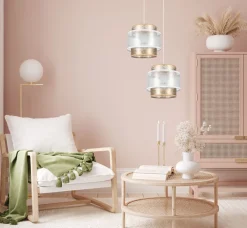 Belis Stoff Pendelleuchte Weiß Gold E27 2-flammig L:33 cm* Hängelampen|Bürolampen