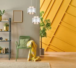 Belis Stoff Pendelleuchte Weiß Gold E27 2-flammig L:33 cm* Hängelampen|Bürolampen