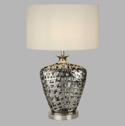 Searchlight Tischlampe Chrom Weiß E27 57 cm Ø 36 cm Stoff Keramik* Stofflampen|Schlafzimmer Lampen