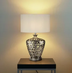 Searchlight Tischlampe Chrom Weiß E27 57 cm Ø 36 cm Stoff Keramik* Stofflampen|Schlafzimmer Lampen