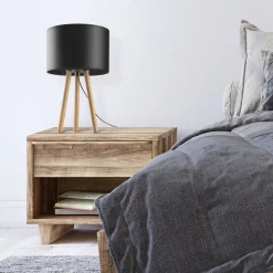 TK Lighting Tischlampe Dreibein 46 cm Skandinavisch Holz Stoff E27* Tischlampen|Schlafzimmer Lampen