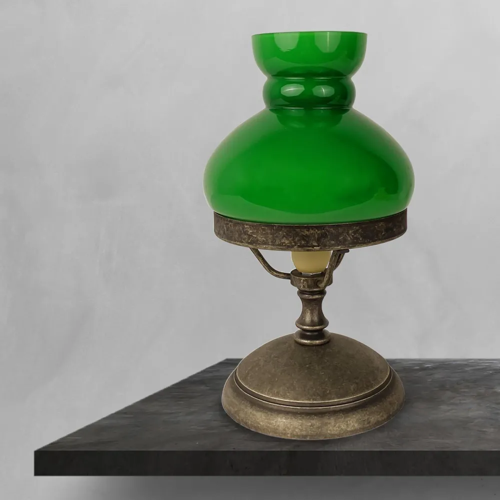 New Giovanni Battista Tischlampe Grün Bronze Antik H: 23,5 cm klein Glas Messing E14