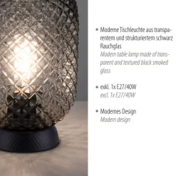 Best Just Light Tischlampe Rauchgrau Schwarz Glas Metall 22,5 cm E27