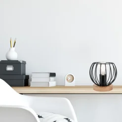 Discount Lamkur Tischlampe Schwarz E27 klein H: 16 cm Metall Holz Retro