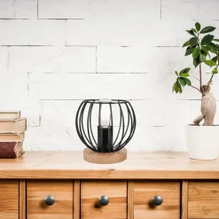 Discount Lamkur Tischlampe Schwarz E27 klein H: 16 cm Metall Holz Retro