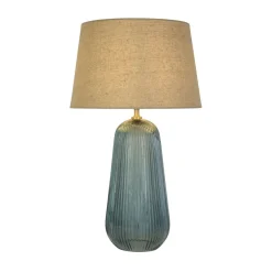 Searchlight Tischlampe Stoff Glas E27 37 cm Blau Natur wohnlich* Wohnzimmerlampen|Glaslampen
