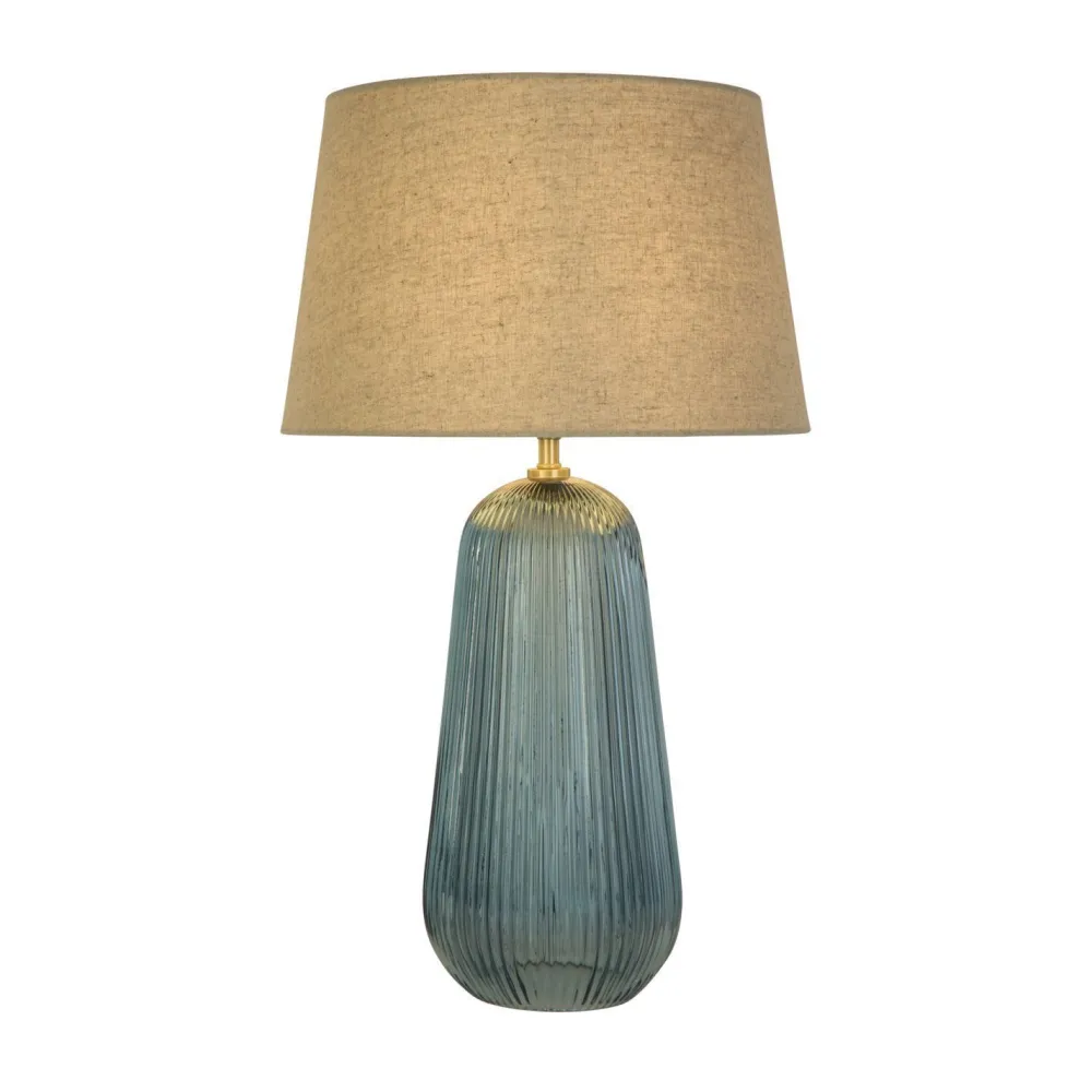 Searchlight Tischlampe Stoff Glas E27 37 cm Blau Natur wohnlich* Wohnzimmerlampen|Glaslampen