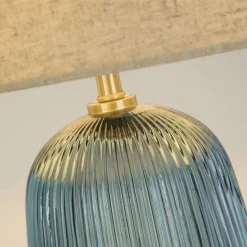 Searchlight Tischlampe Stoff Glas E27 37 cm Blau Natur wohnlich* Wohnzimmerlampen|Glaslampen