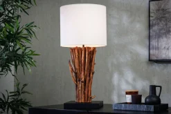 Invicta Interior Tischlampe Weiß Holz Stoff E27 H:58 cm gemütlich