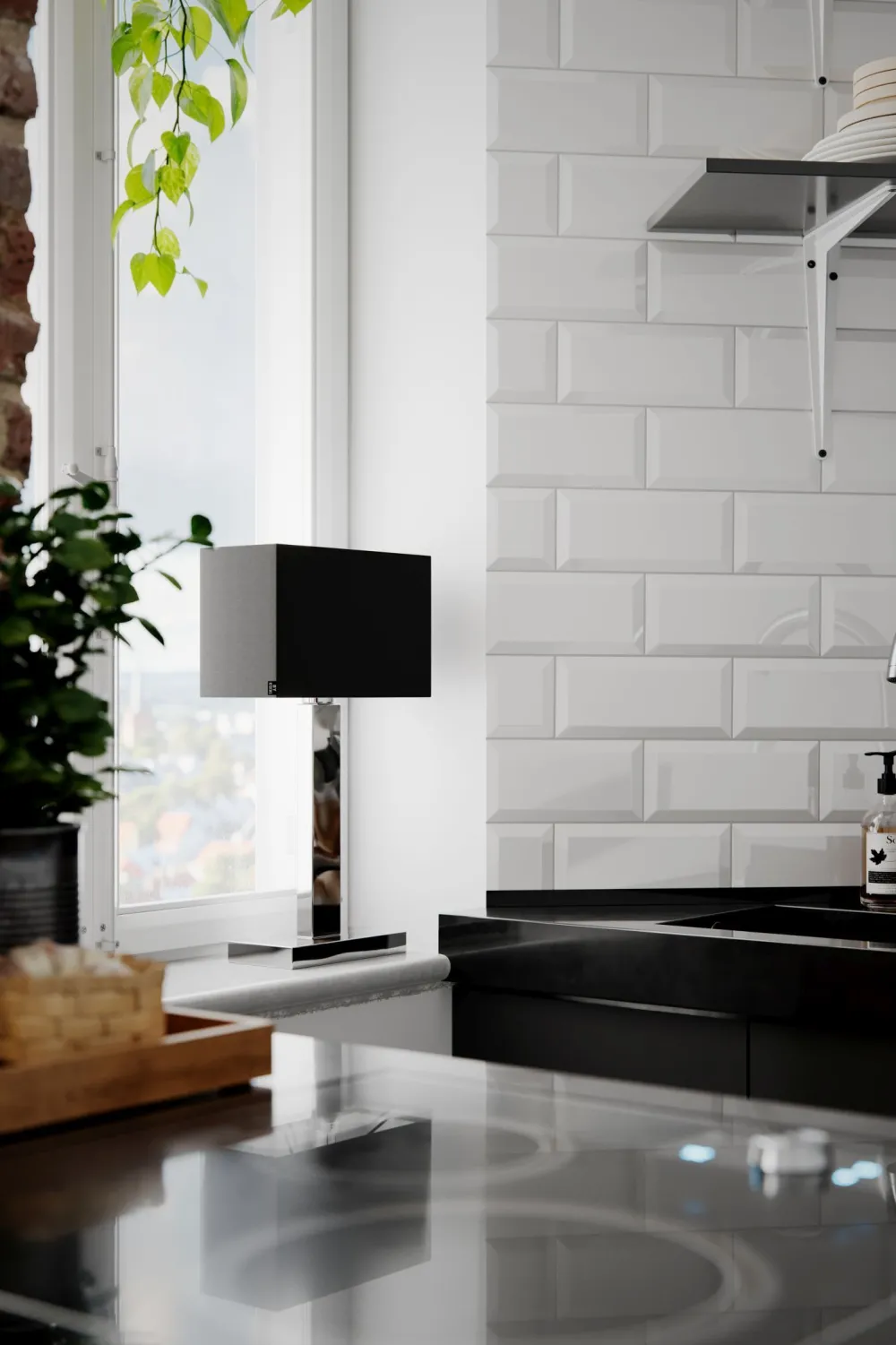 Hot By Rydéns Tischleuchte Metall Stoff 47 cm Chrom Schwarz E27 eckig