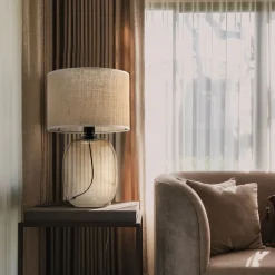 Sale TK Lighting Tischleuchte Rauchglas Stoff Braun H: 48 cm Ø 30 cm E27