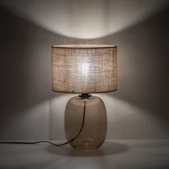Sale TK Lighting Tischleuchte Rauchglas Stoff Braun H: 48 cm Ø 30 cm E27