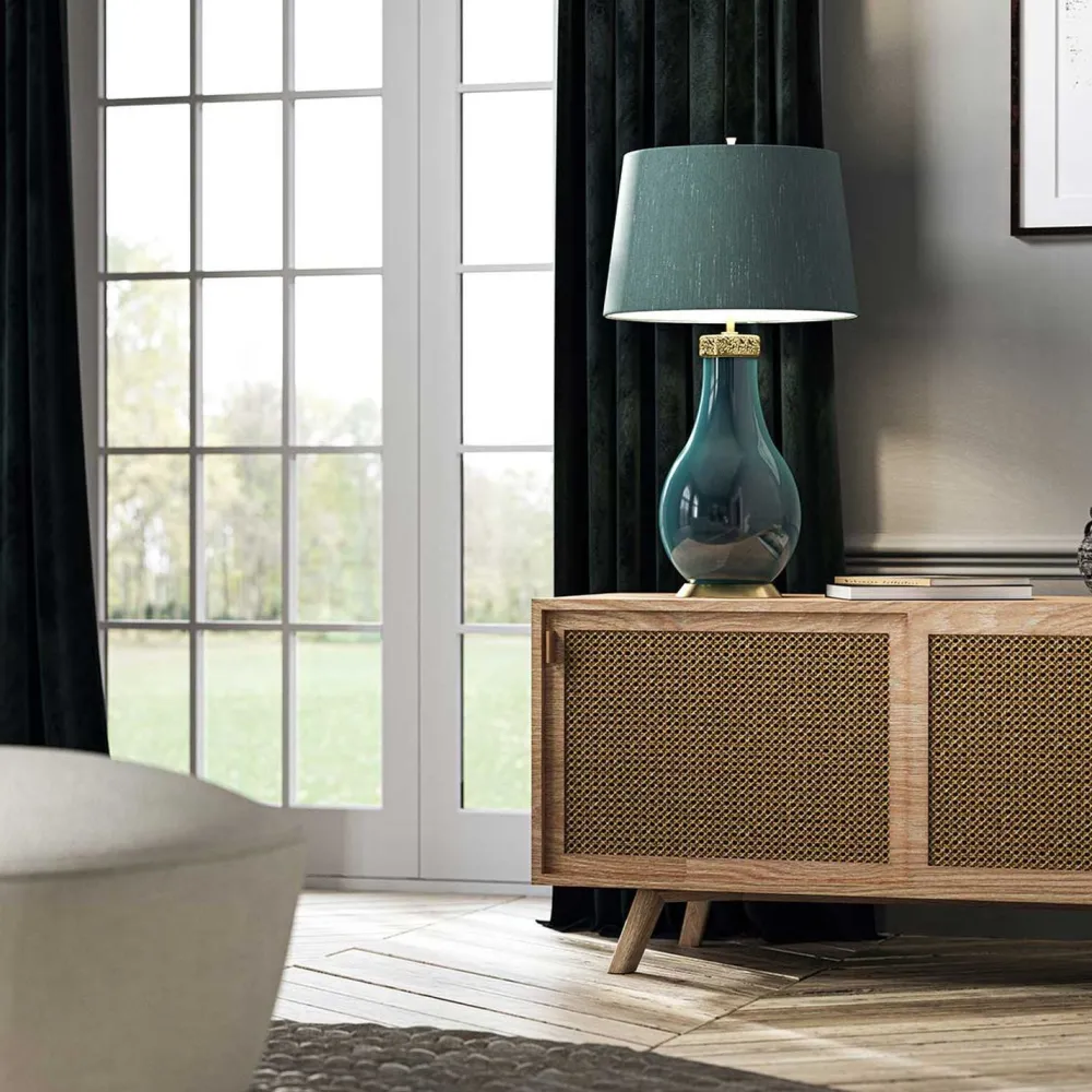 Elstead Tischleuchte Stoff Keramik E27 73,5 cm hoch Grün Blau