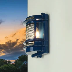 Discount Lido Wandlampe außen E27 IP64 Messing Glas H: 22 cm Blau