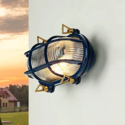 Lido Wandlampe außen IP64 Messing Riffelglas E27 Blau Maritim* Rustikale Lampen|Metall Lampen