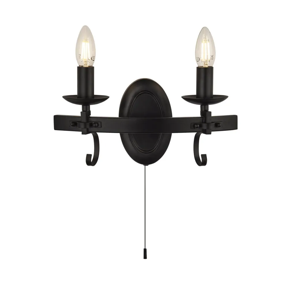 Searchlight Wandlampe Eisen mit Schalter 2-flammig Schwarz E14 B: 32 cm* Rustikale Lampen|Wohnzimmerlampen