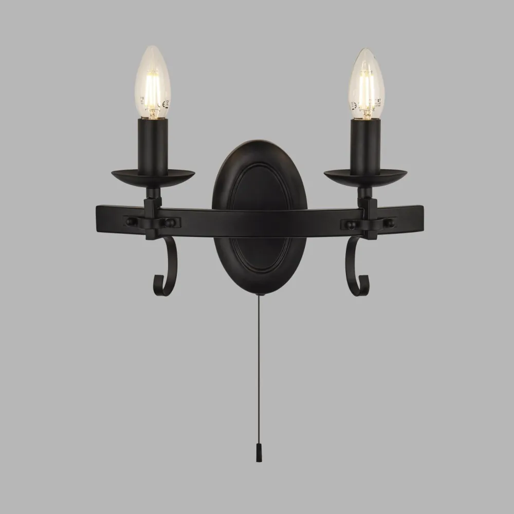 Searchlight Wandlampe Eisen mit Schalter 2-flammig Schwarz E14 B: 32 cm* Rustikale Lampen|Wohnzimmerlampen