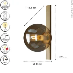 Outlet Eco-Light Wandlampe Gold Bernstein Glaskugel E14 B:14 cm blendarm