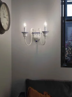 Ferroluce Wandlampe Keramik B: 32 cm Weiß Blau E14 2-flammig* Wohnzimmerlampen|Keramiklampen