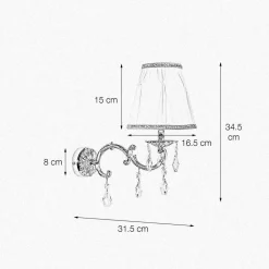 Giovanni Battista Wandlampe Messing Stoff Kristall H: 34,5 cm poliert Weiß E14* Wandleuchten|Schlafzimmer Lampen