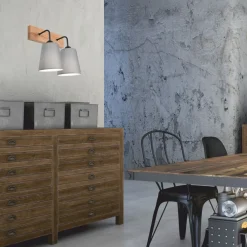 Lamkur Wandlampe Modern Grau Natur B: 33 cm 2-flammig E27 Stoff Holz* Wandleuchten|Flurlampen