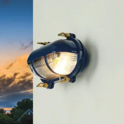 Discount Lido Wandleuchte außen Messing Riffelglas IP64 E27 Blau