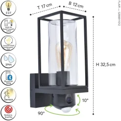 Eco-Light Wandleuchte mit Bewegungsmelder Aluminium Glas Schwarz* Metall Lampen|Moderne Außenleuchten