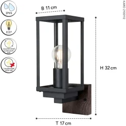 Eco-Light Wandleuchte Vintage Schwarz Holz H:32 cm IP44 E27* Metall Lampen|Vintage Lampen