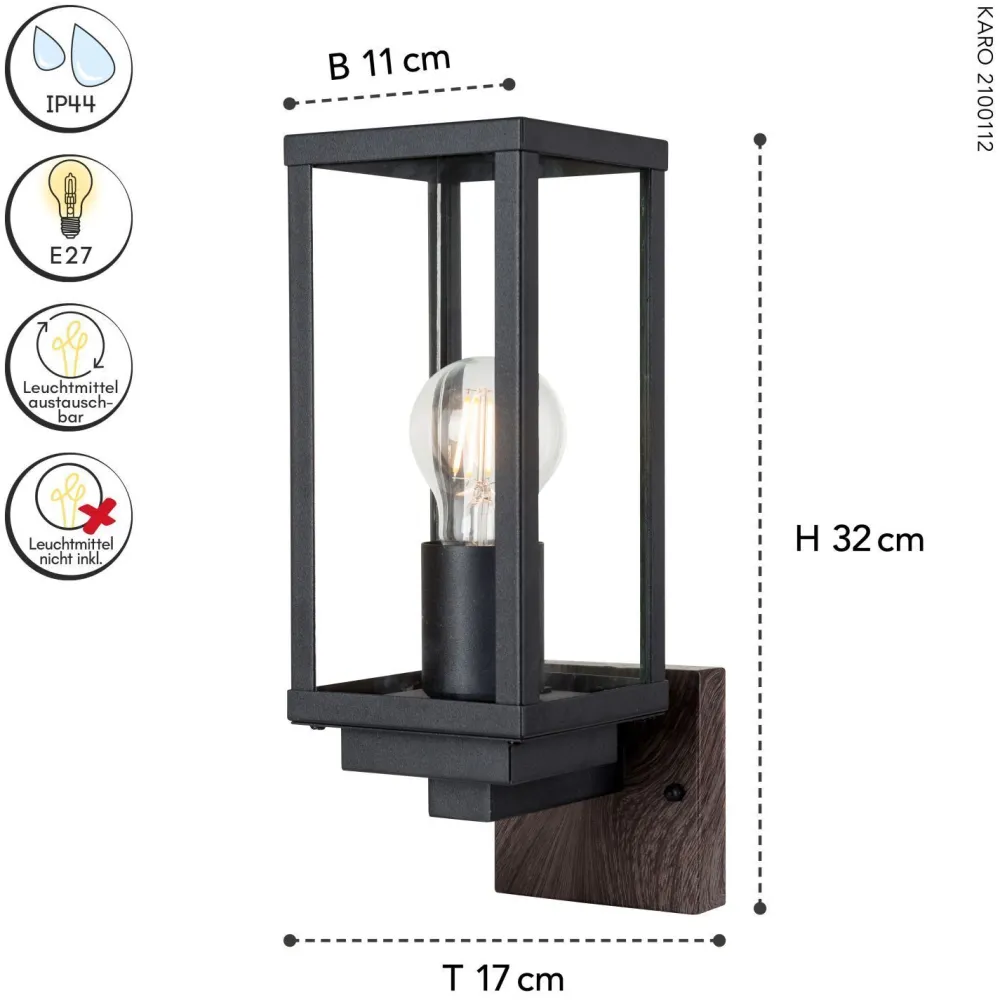 Eco-Light Wandleuchte Vintage Schwarz Holz H:32 cm IP44 E27* Metall Lampen|Vintage Lampen
