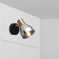 Searchlight Wandspot E14 Glasschirm in Schwarz Rauchgrau Messing* Wandleuchten|Flurlampen