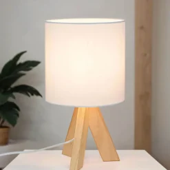 Easylight Weiße Tischleuchte Holz Fuß Stoff Schirm 31cm E14* Nachttischlampen|Stofflampen